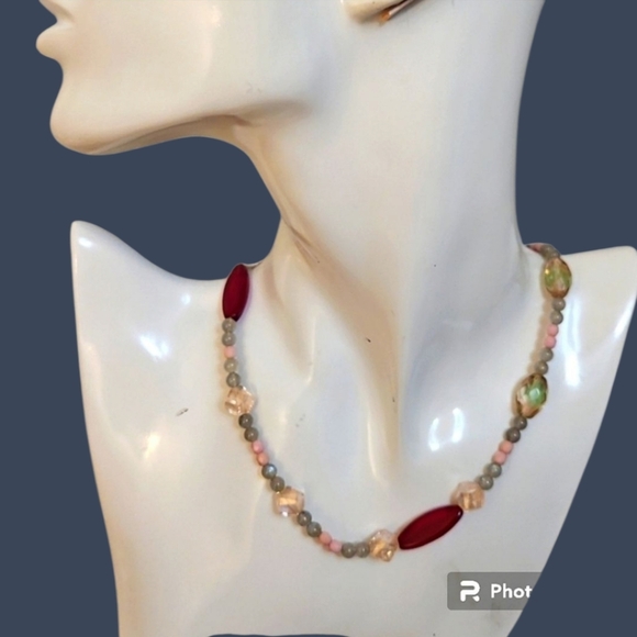 Handmade Labrodite Jade Czech Glass Beaded Assymetric Choker Necklace - Picture 1 of 6